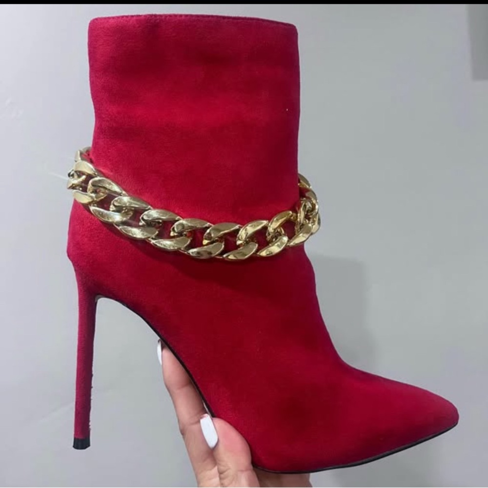 Elegant Red Stiletto Ankle Boots with Gold Chain